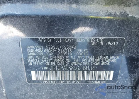 2012 Subaru Impreza 2.0I Premium из США, поврежденный, VIN JF1GPAD68CG239134